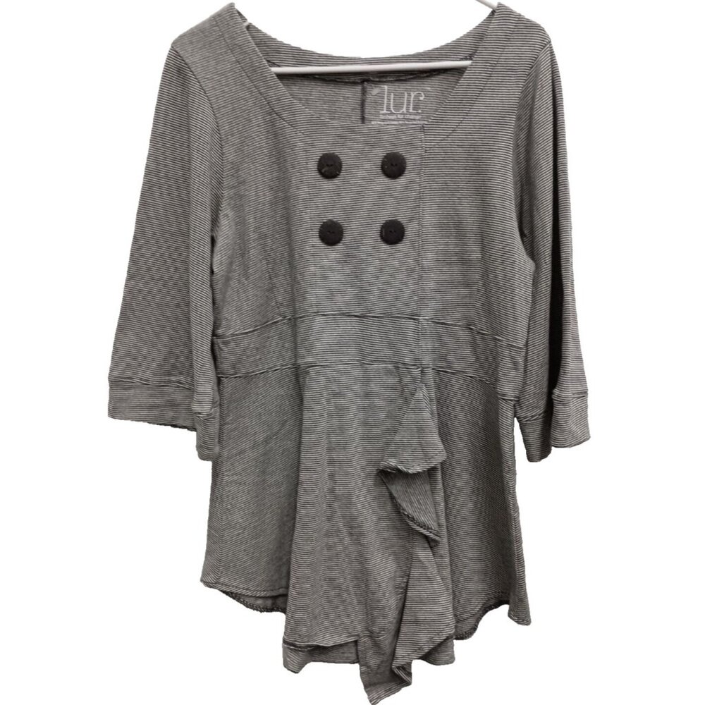 LUR Lagenlook Wearable Art Tunic Top Womens Small Gray Striped Ruffle 3/4 Sleeve